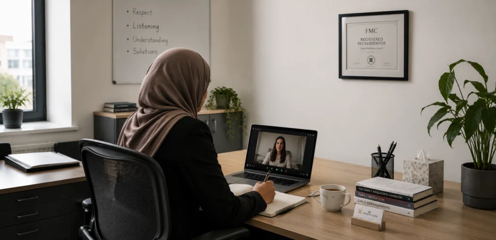 Mediator on a video call at a desk