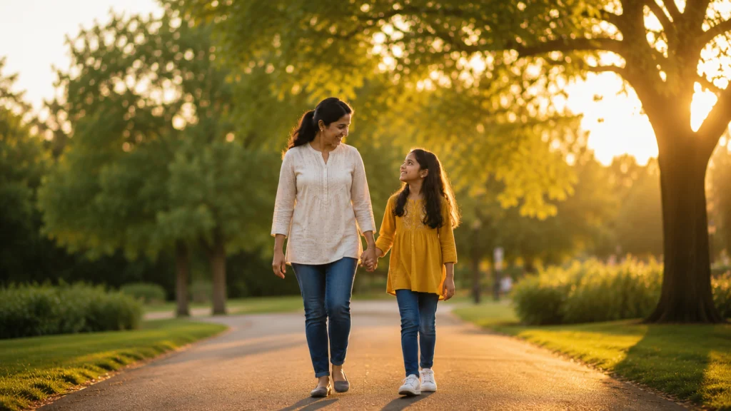 Mother and daughter walking together outdoors, a calm family moment