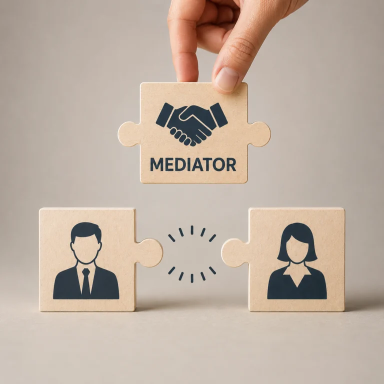 Mediator and couple in a calm conversation